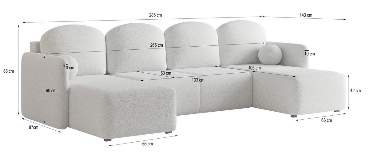 WOHNLANDSCHAFT NUBERO Grau Boucle-Stoff mit Schlaffunktion - Grau, Holz (285/85/143cm) - MASSENO