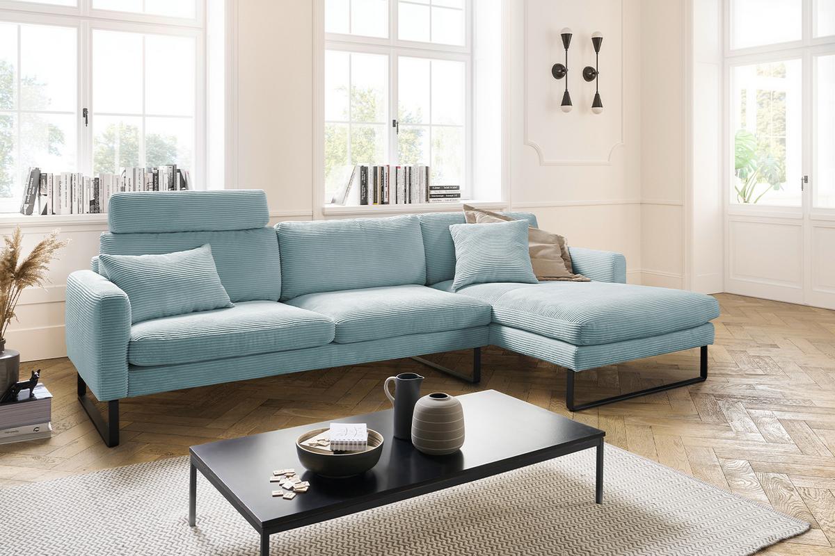ECKSOFA RICARDA Hellblau Cord - Schwarz/Hellblau, Textil/Metall (298/154cm) - KAWOLA