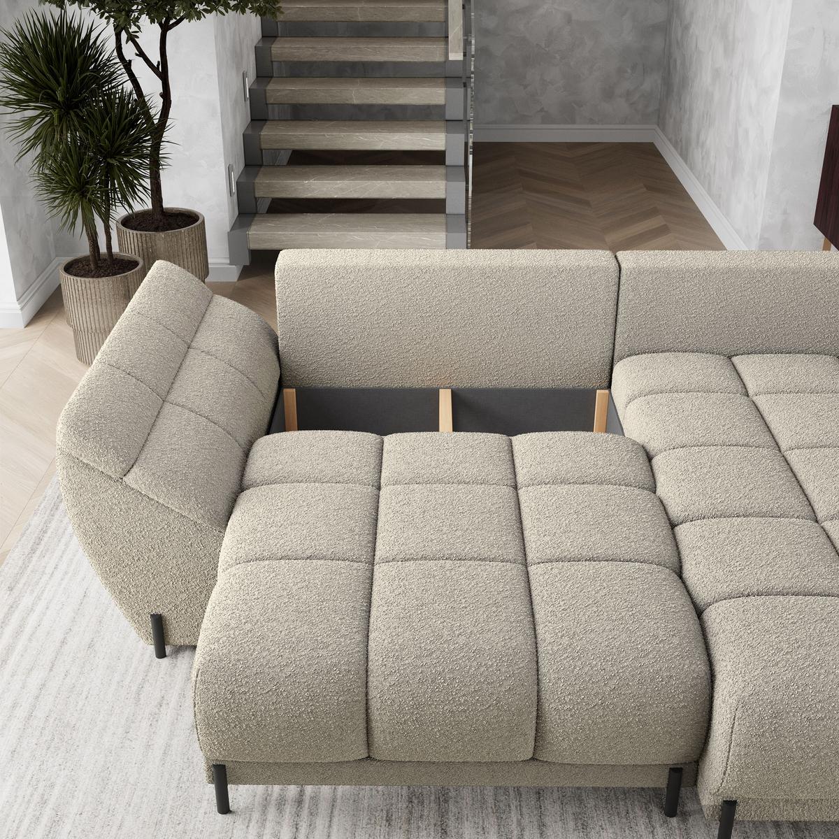ECKSOFA VESTANO R-S Beige Boucle-Stoff mit Schlaffunktion - Beige, Holz (287/182cm) - MASSENO