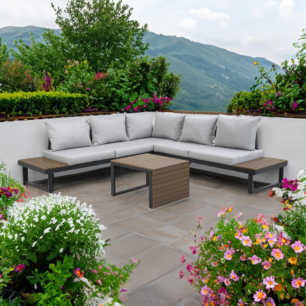 GARTENLOUNGE-SET MARBELLA Modular mit Sofa, Ecke und Tisch - Grau, Holzwerkstoff - RAUMHIRSCH FURNITURE