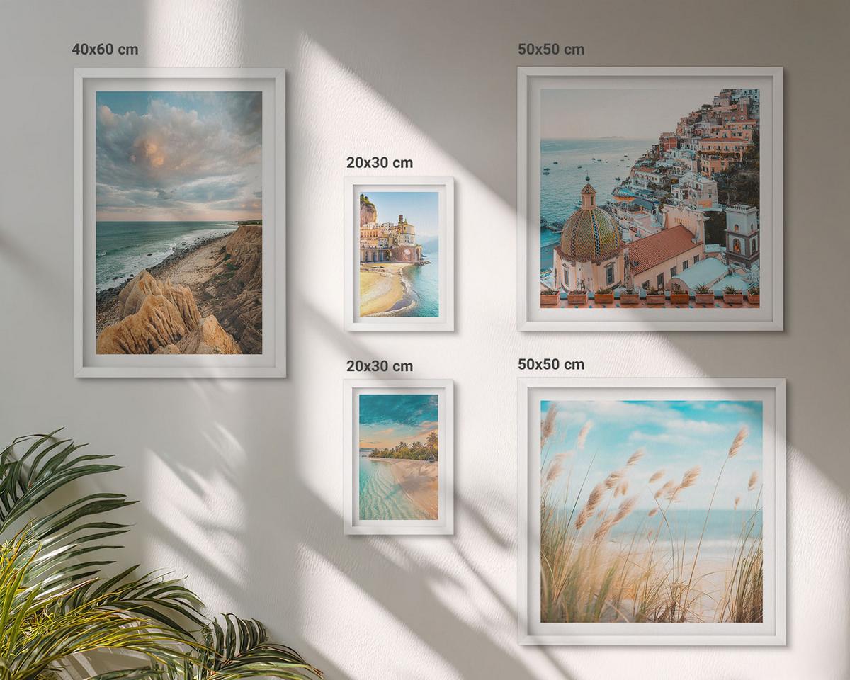 BILDER SET 5er Set - 50x50 cm & 20x30 cm & 40x60 cm Weißer Rahmen - Landschaften Strand Stadt Klippen - Weiß, Kunststoff (40/60cm) - TULUP
