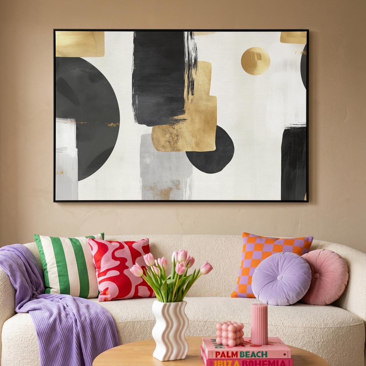 LEINWAND Bilder mit Rahmen - Gold - Rechtecke - Kreise - Abstrakt - 120x80 - Weiß, Textil (120/80cm) - MuchoWow