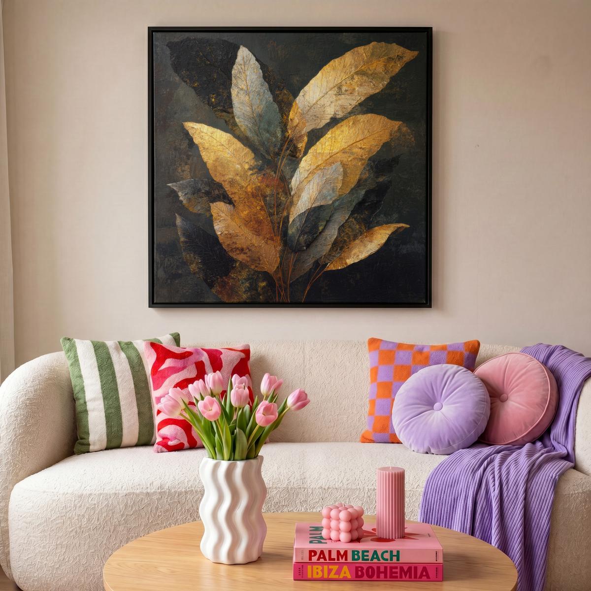 LEINWAND Bilder mit Rahmen - Golden Leaf Komposition - Botanical Luxury - 90x90 - Goldfarben, Textil (90/90cm) - MuchoWow