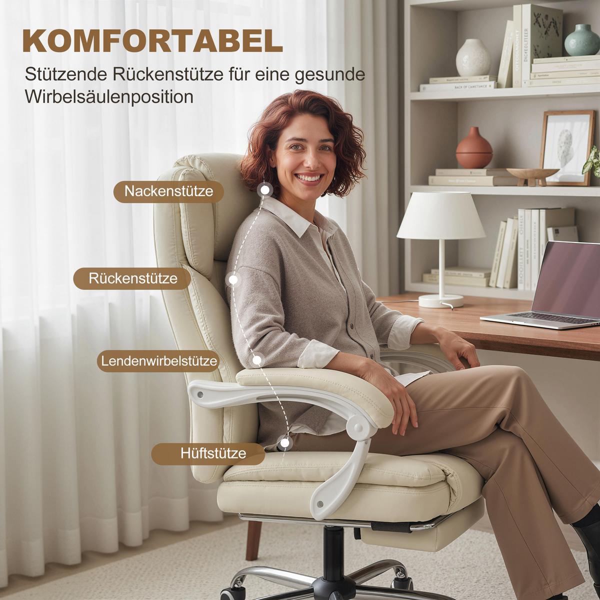 BÜROSTUHL mit Liegefunktion, höhenverstellbar Drehstuhl mit Fußstütze Beige - Beige/Silberfarben, Holzwerkstoff/Kunststoff (64/120/73cm) - HOMCOM