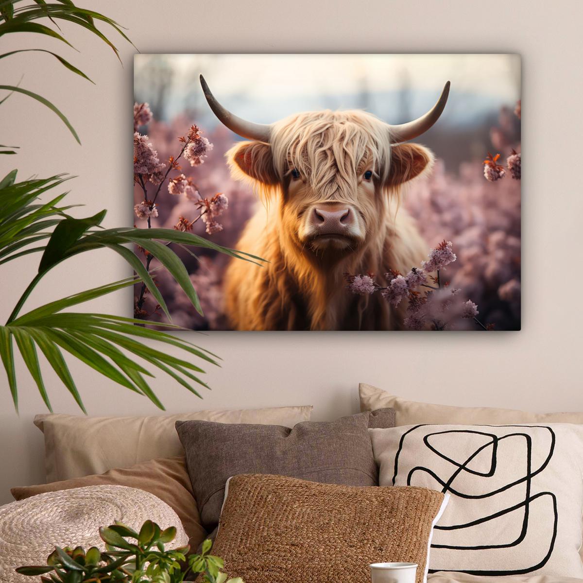 LEINWANDBILD Schottischer Hochländer - Frühling - Hochland Wandbilder 80x60 cm - Hellrosa, Textil (80/60cm) - MuchoWow