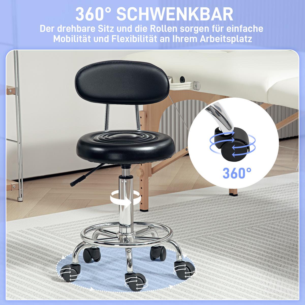 ROLLHOCKER höhenverstellbar Drehhocker Drehbar Salon Hocker mit Lehne, Rädern - Schwarz, Kunststoff (32/86/40cm) - HOMCOM