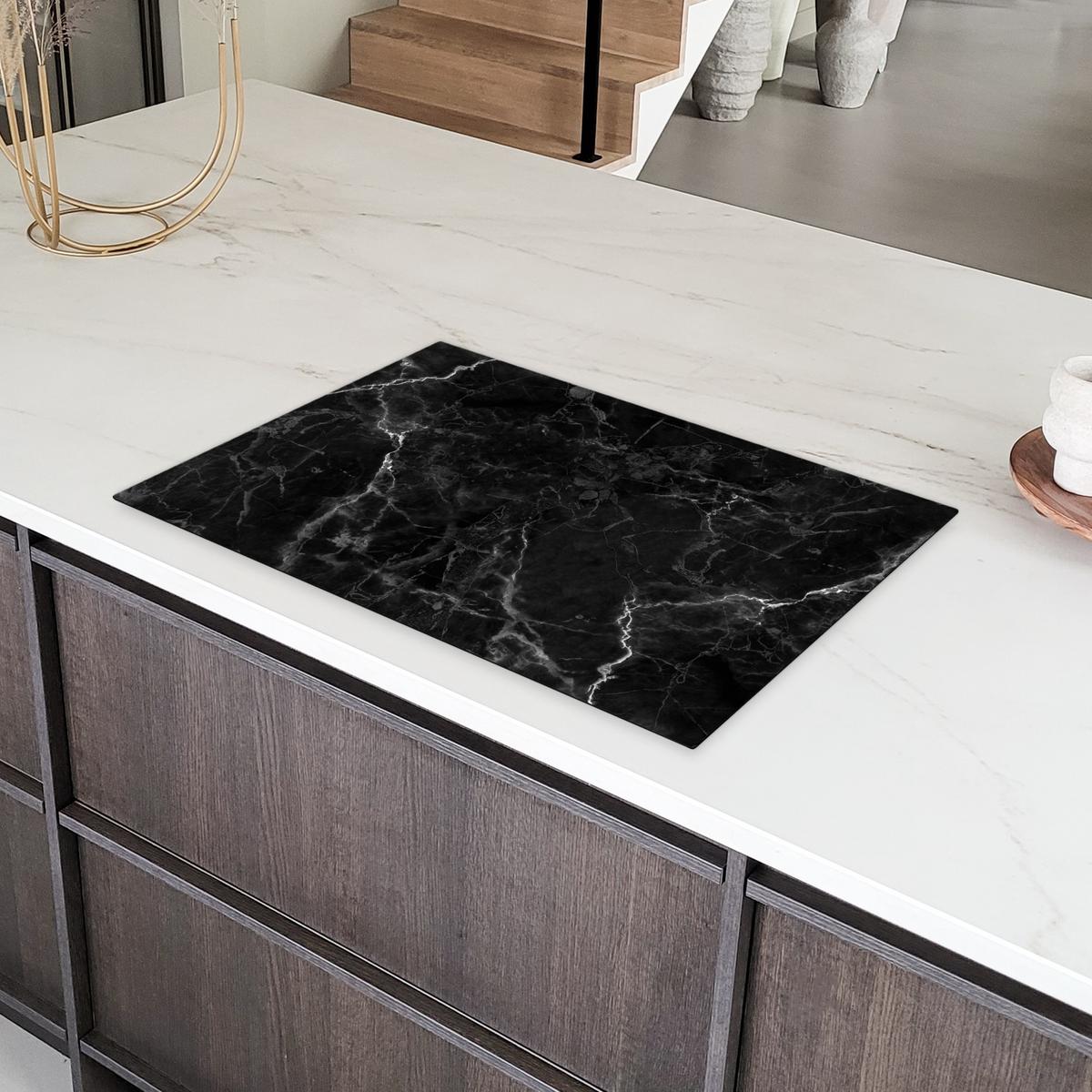 HERDABDECKPLATTE Marmor - Schwarz - Weiß - Textur - Marmoroptik Ceranfeldabdeckung 80x52 cm - Silberfarben, Kunststoff (80/52/0.2cm) - MuchoWow