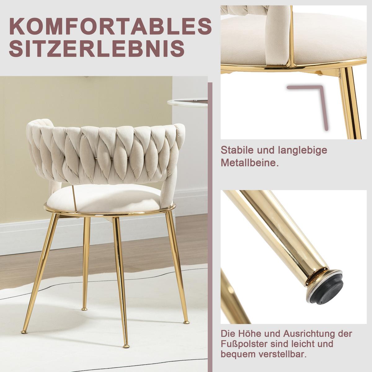 ESSZIMMERSTUHL 2er Set Samt Ivory & Gold mit geflochtener Rückenlehne - Magnolie, Textil (57/70/43cm) - Urban Meuble