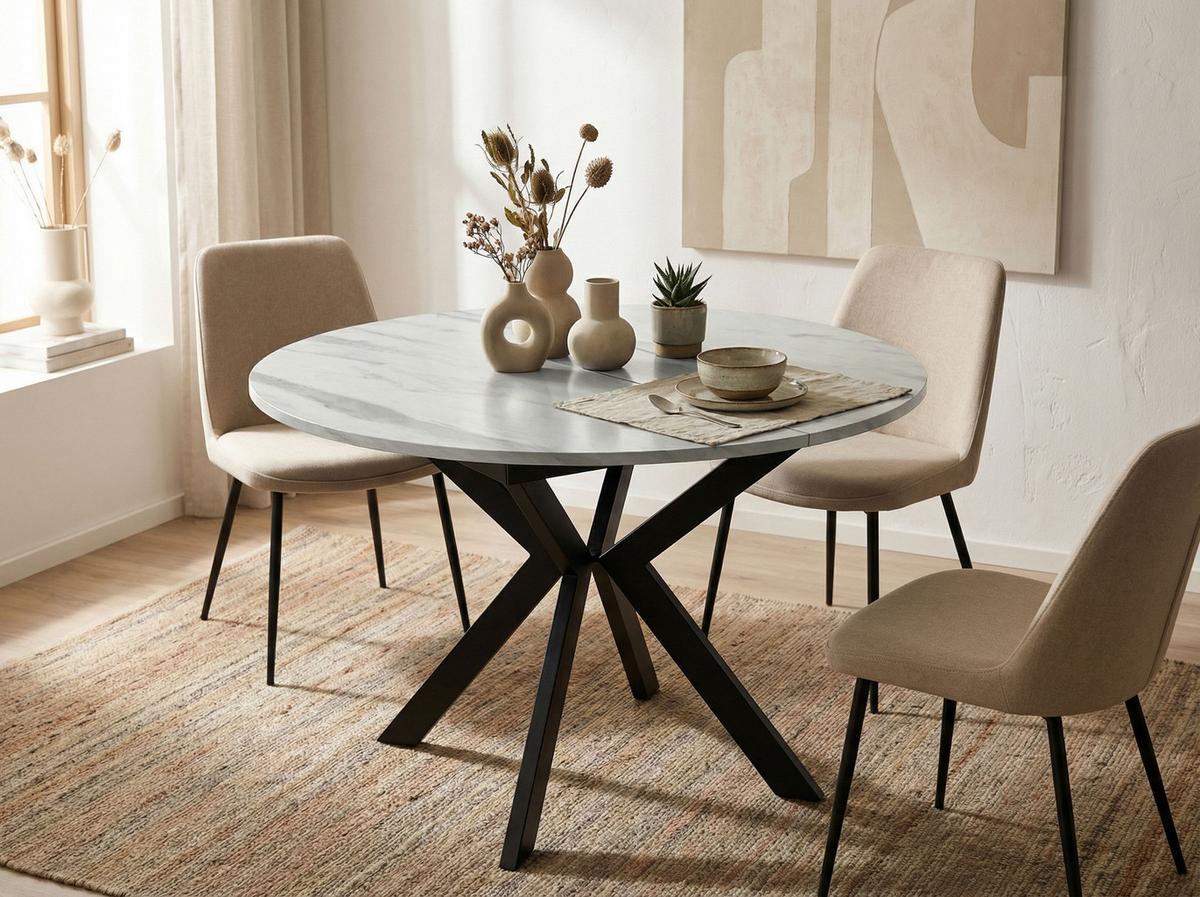 ESSTISCH Lily runder ausziehbarer, Marmor Weiß 100-140/100/76 cm - Ecru/Schwarz, Holzwerkstoff/Metall (100/100/76cm) - WFL GROUP