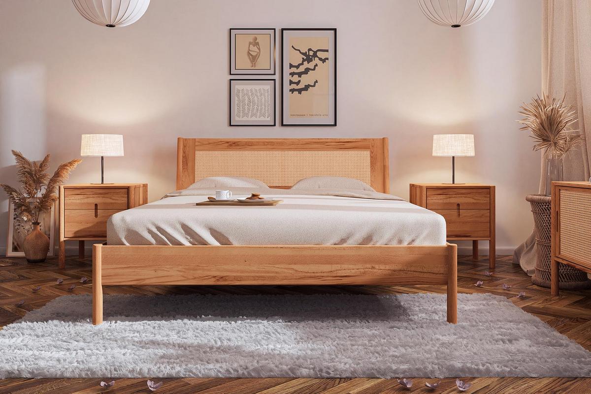 BETT MIT RATTANKOPFTEIL INA 140x220 Kernbuche - Ecru, Holz (140/220cm) - byoak