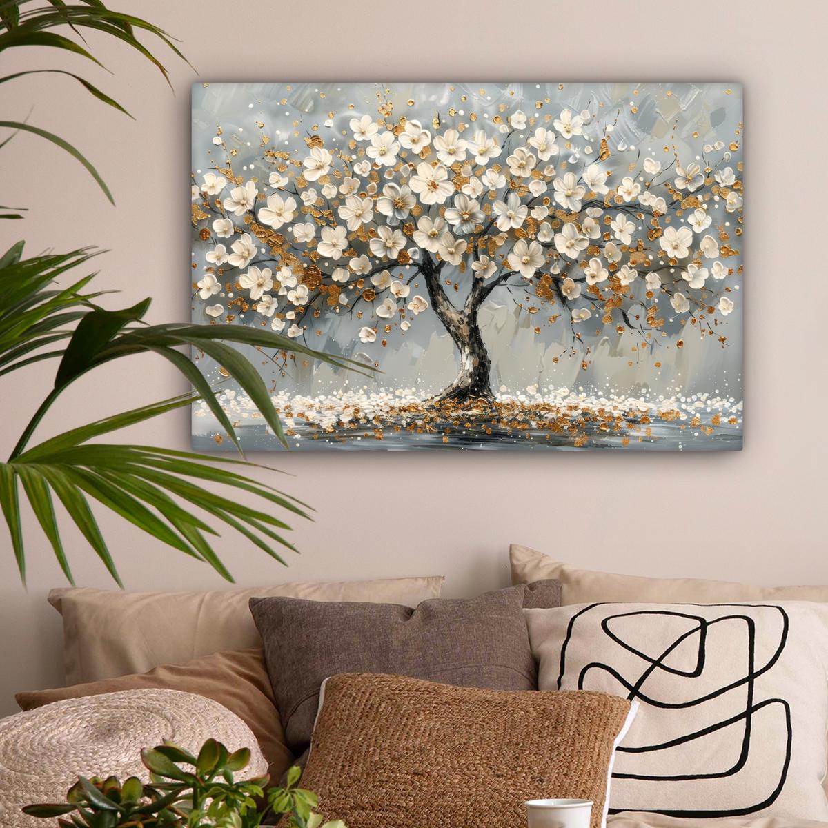 LEINWANDBILD Baum - Blumen - Weiß - Natur - Kunst Gemälde 60x40 cm - Weiß, Textil (60/40cm) - MuchoWow