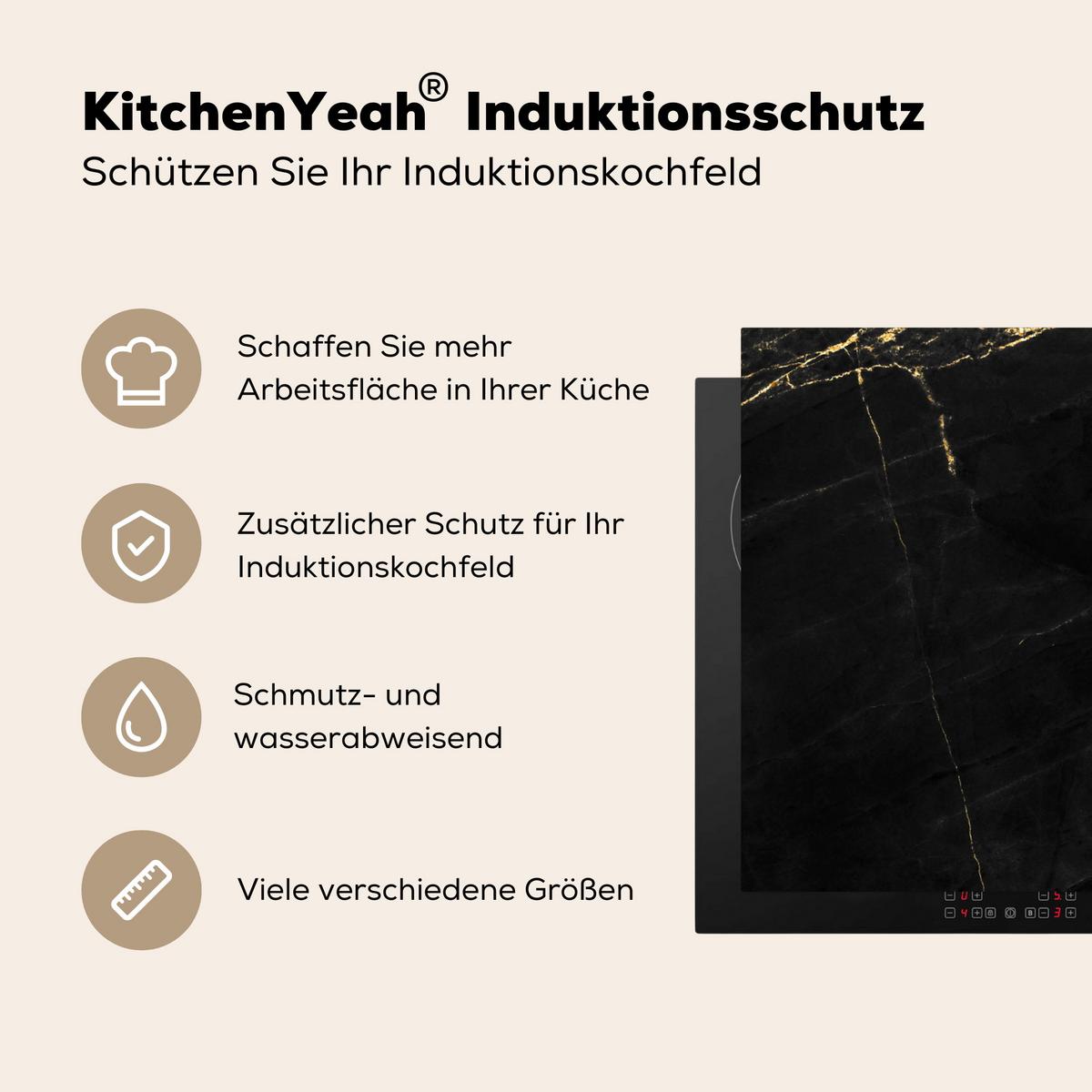 HERDABDECKPLATTE Marmor - Schwarz - Gold - Chic - Marmoroptik - Design Induktionsschutz 91.6x52.7 cm - Schwarz, Kunststoff (91.6/52.7/0.2cm) - MuchoWow