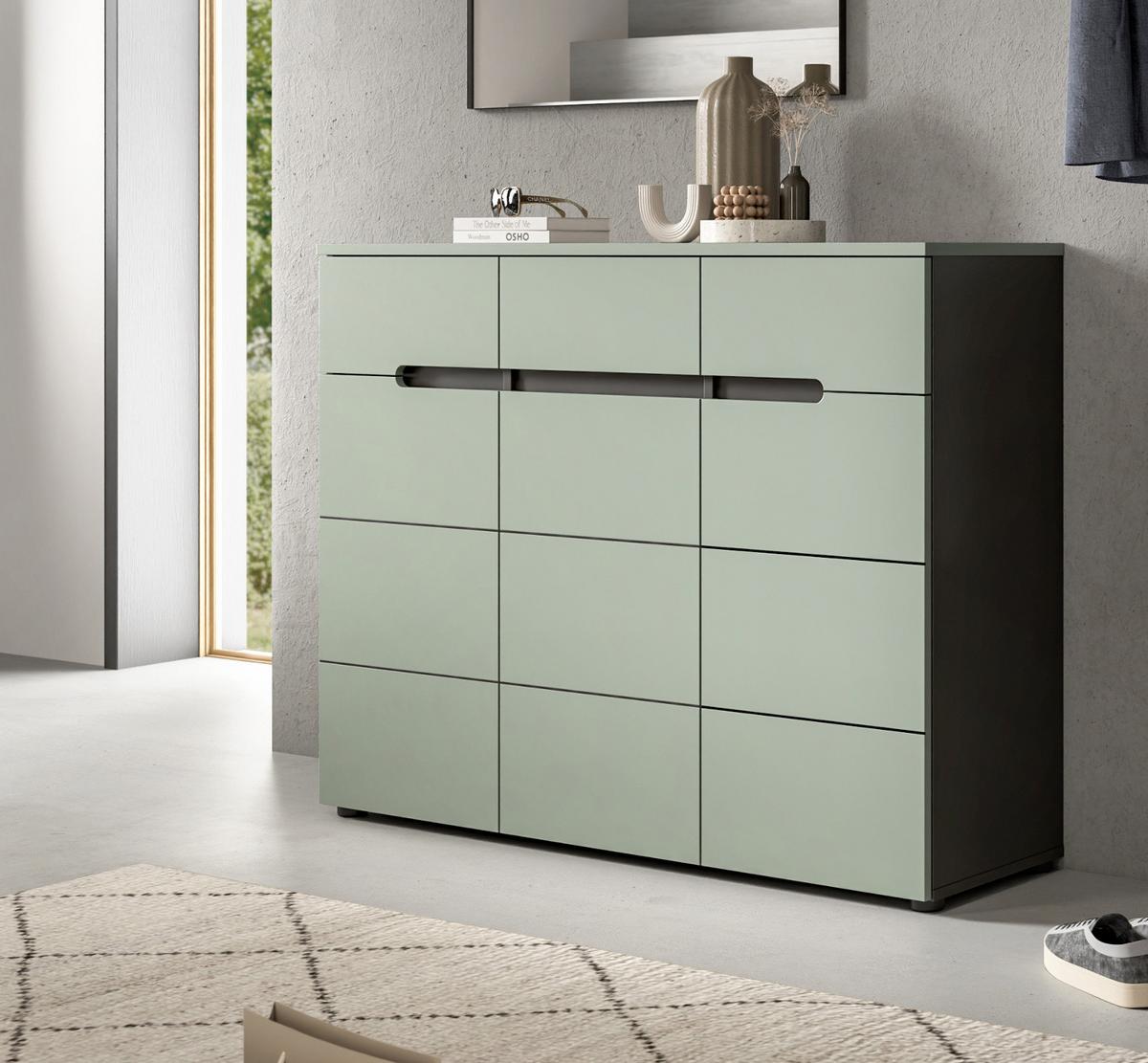 SCHUHKOMMODE Salbei Grün, Basalt Grau 120 cm, Flurkommode mit Soft-Close und Vollauszug - Salbeigrün/Schwarz, Holzwerkstoff/Kunststoff (120/94/37cm) - Inn.Furn