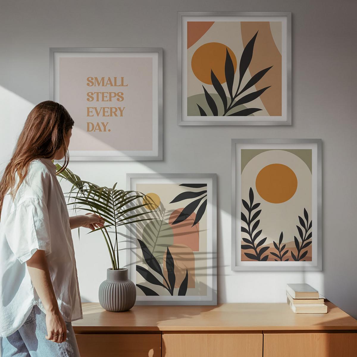 BILDER SET 4er Set - 50x50 cm & 40x60 cm Silberner Rahmen - Abstrakte Pflanzenmotive - Silberfarben, Kunststoff (50/50cm) - TULUP