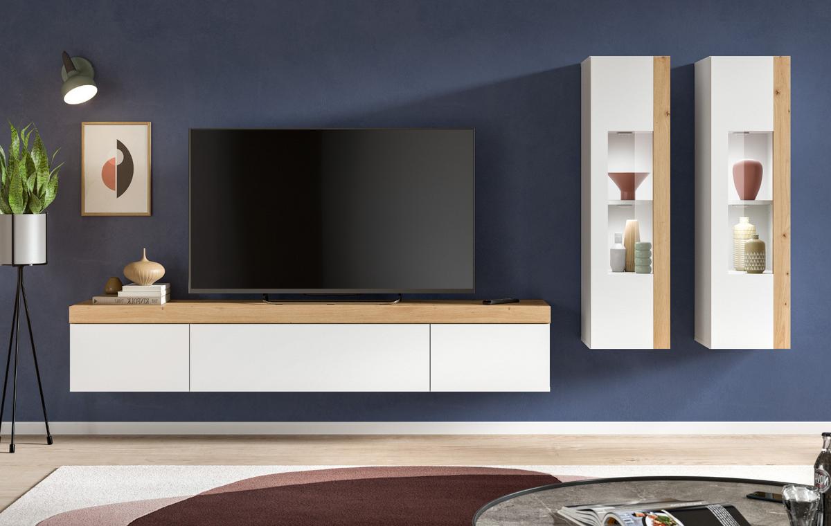 WOHNWAND 3-teilig weiß und Eiche 270 cm, Schrankwand stehend/hängend - Schwarz/Weiß, Glas/Holzwerkstoff (270/181/33cm) - Inn.Furn