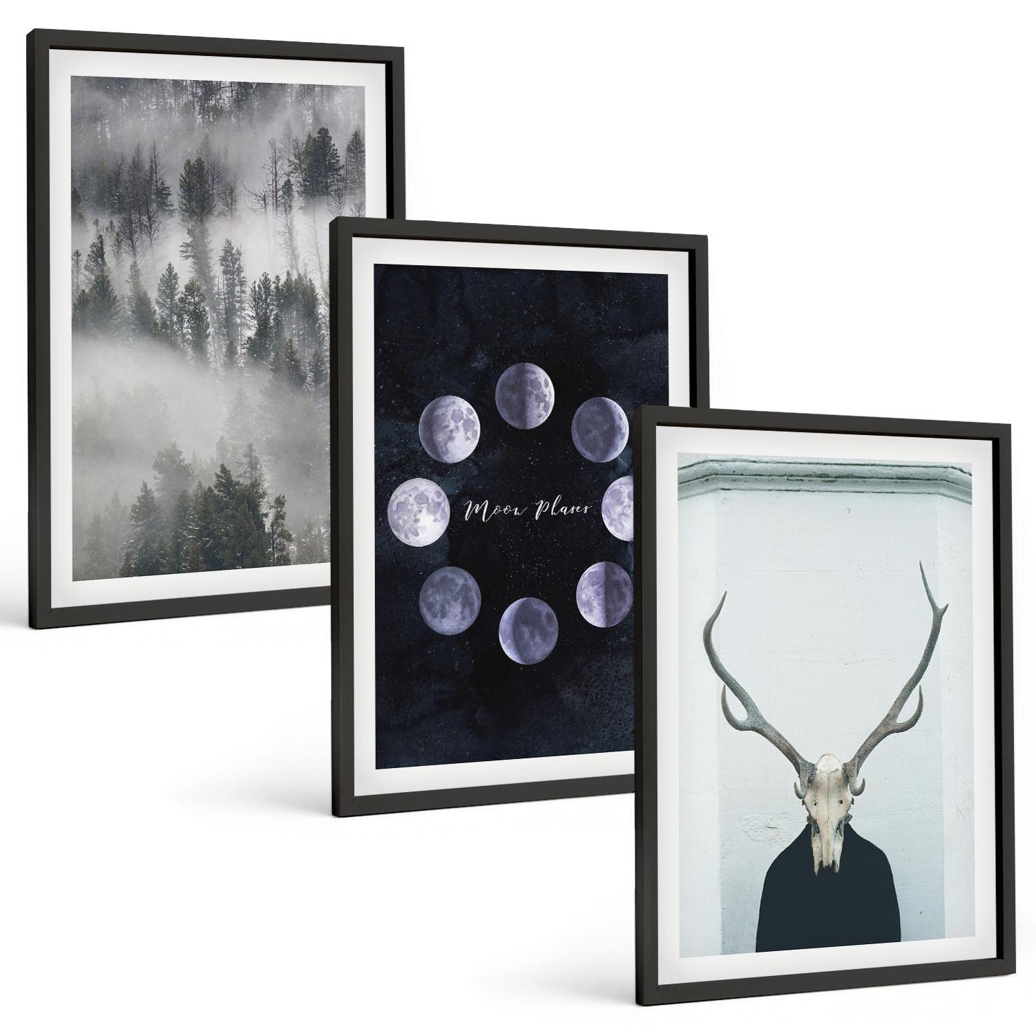 BILDER SET 3er Set - 40x60 cm Schwarzer Rahmen - Waldlandschaft, Nebel, Mond, Hirschschädel - Schwarz, Kunststoff (40/60cm) - TULUP