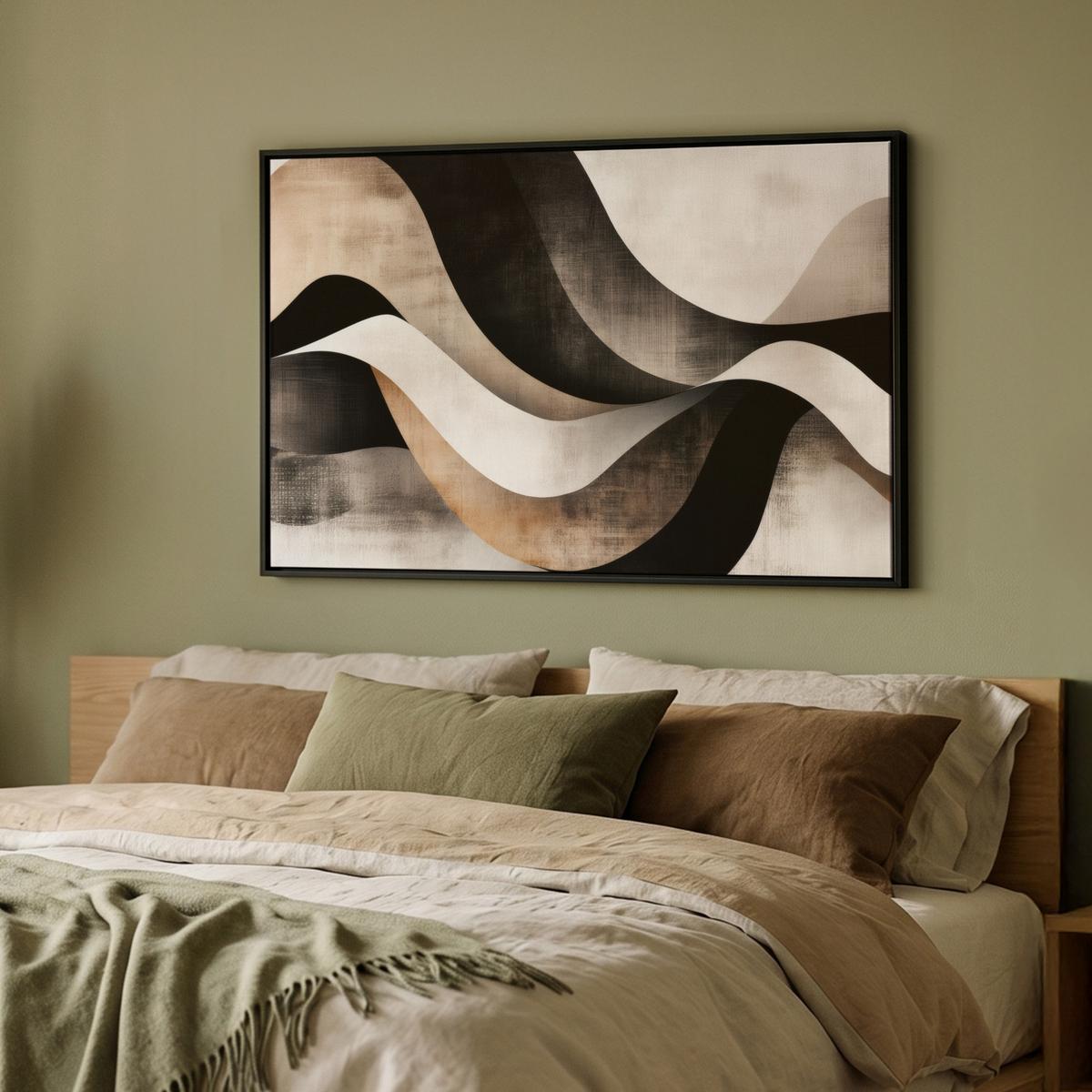 LEINWAND Bilder mit Rahmen - Abstrakt - Wellen - Schwarz - Verwittert - 90x60 - Trüffeleichefarben, Textil (90/60cm) - MuchoWow