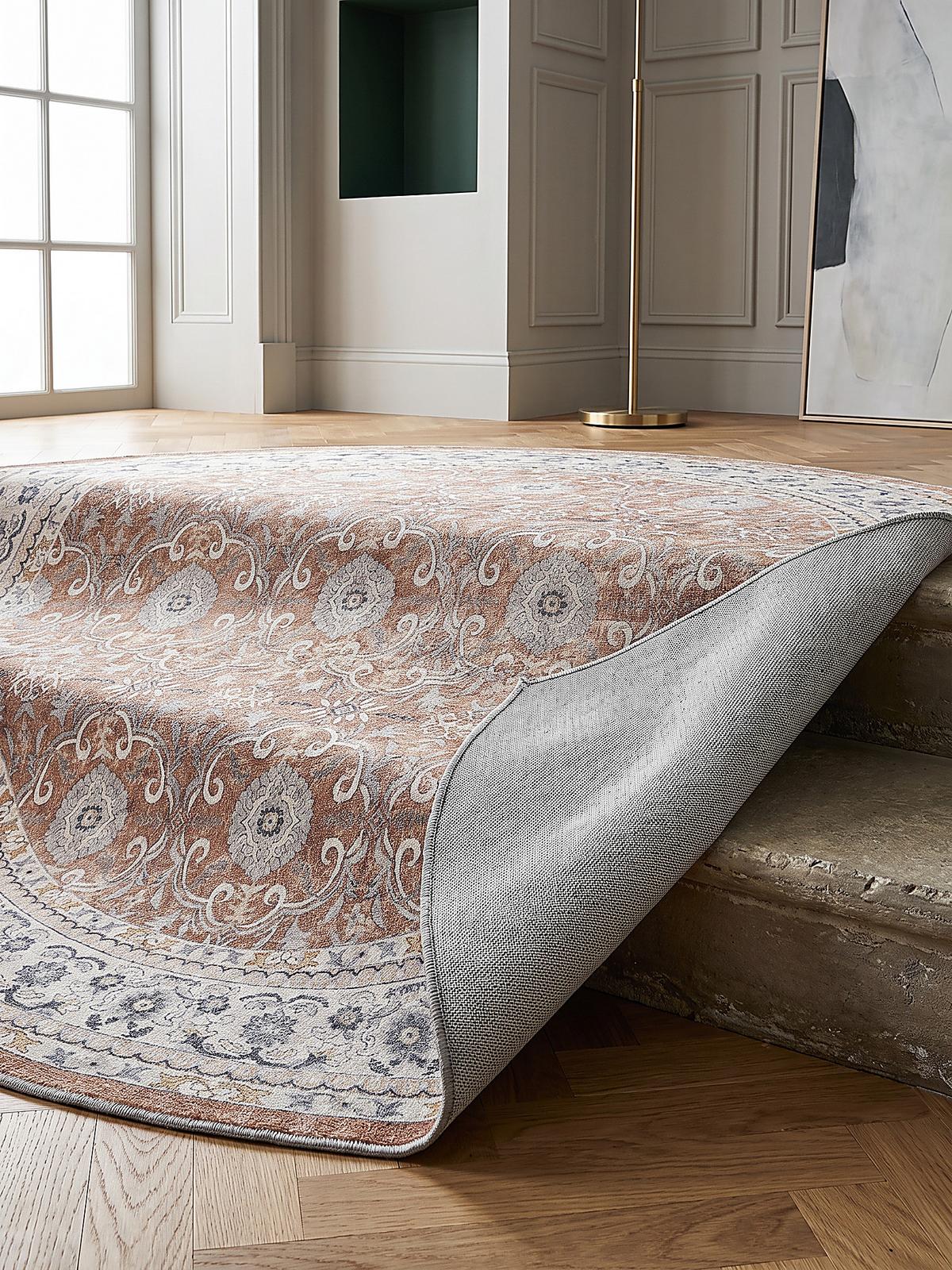TEPPICH Kurzflor, waschbar, mit floralen Ornamenten, VERNANTE in Terrakotta-Creme, Ø 120 cm - Rot, Textil (120/120cm) - KADIMA DESIGN