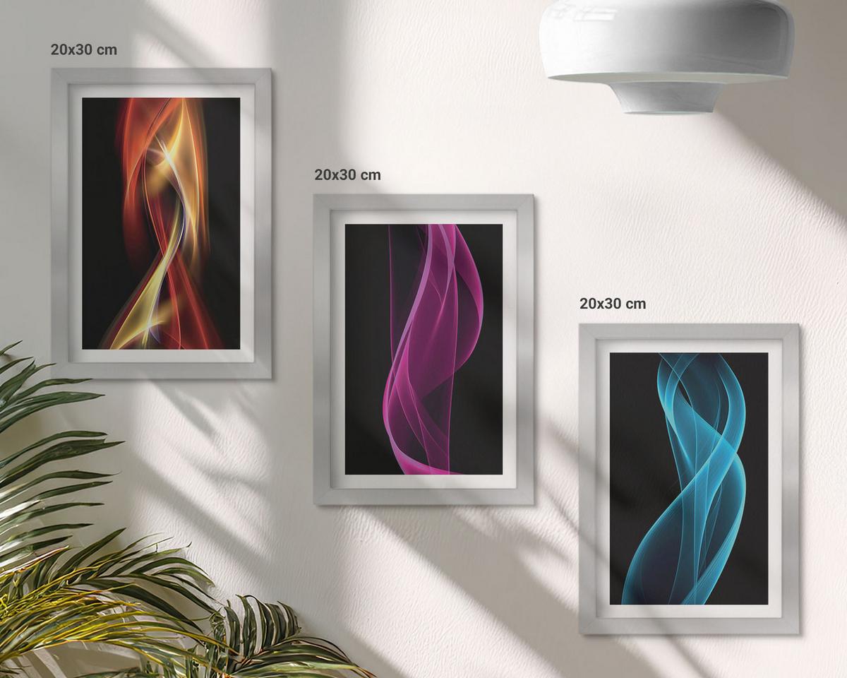 BILDER SET 3er Set - 20x30 cm Silberner Rahmen - Neonwellenlinien auf dunklem Hintergrund - Silberfarben, Kunststoff (20/30cm) - TULUP