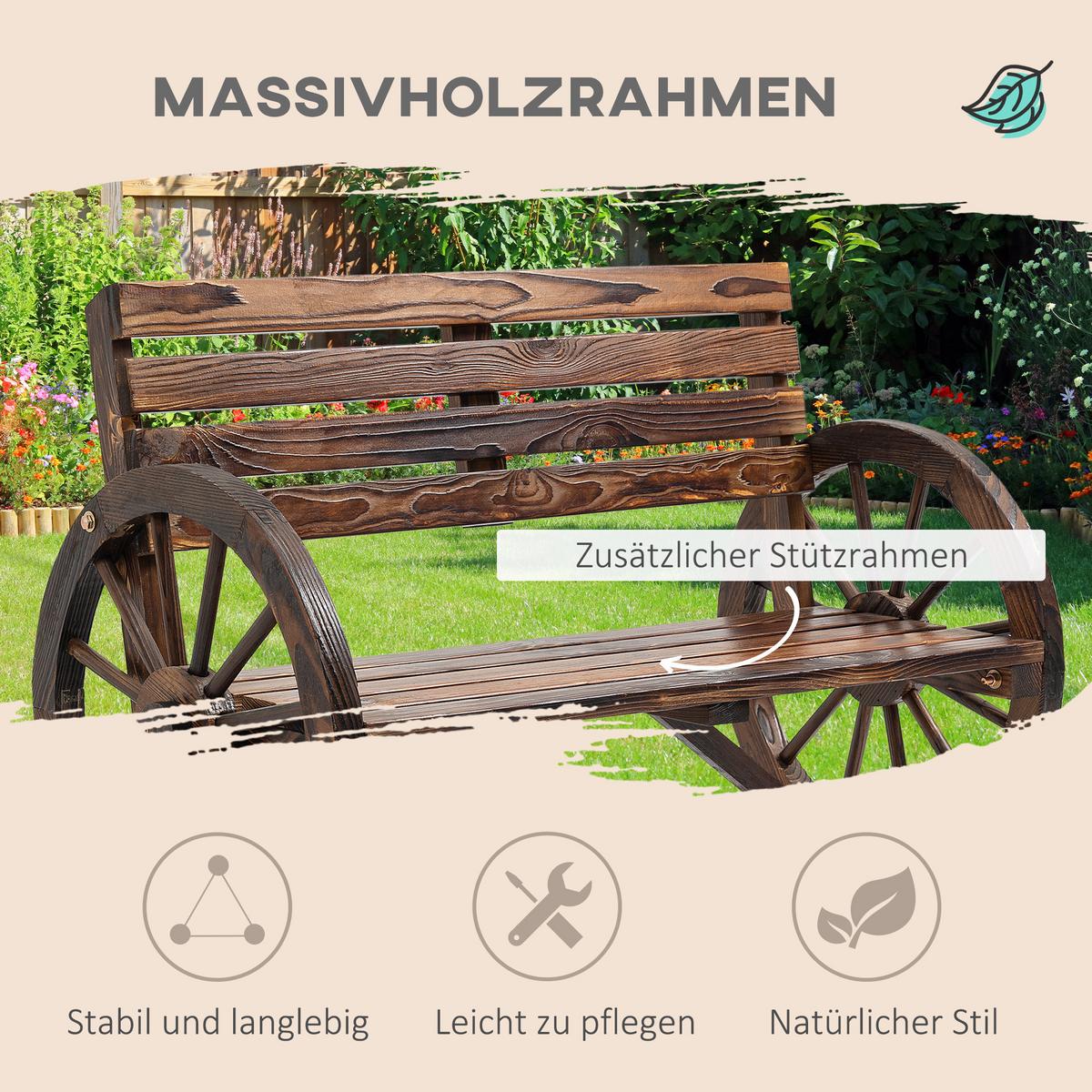 2ER-GARTENBANK Sitzbank Wagenrad-Design rustikale Holzbank für 2 Personen - Braun, Holz (56/79/105.5cm) - Outsunny
