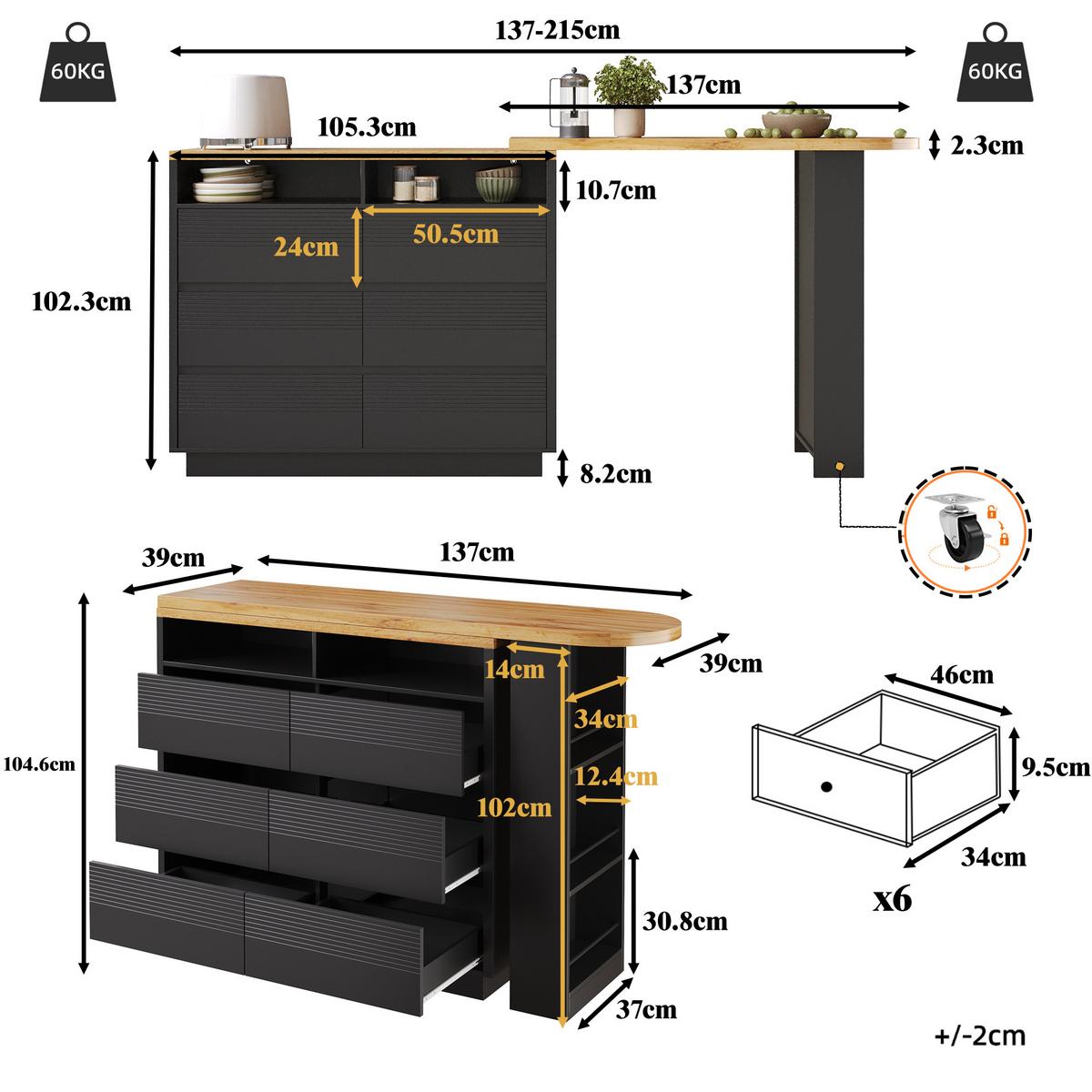 BARTISCH Schwarz Ausziehbar mit 6 Schubladen & Rollen Kücheninsel - Schwarz, Holzwerkstoff (39/215/102cm) - Urban Meuble