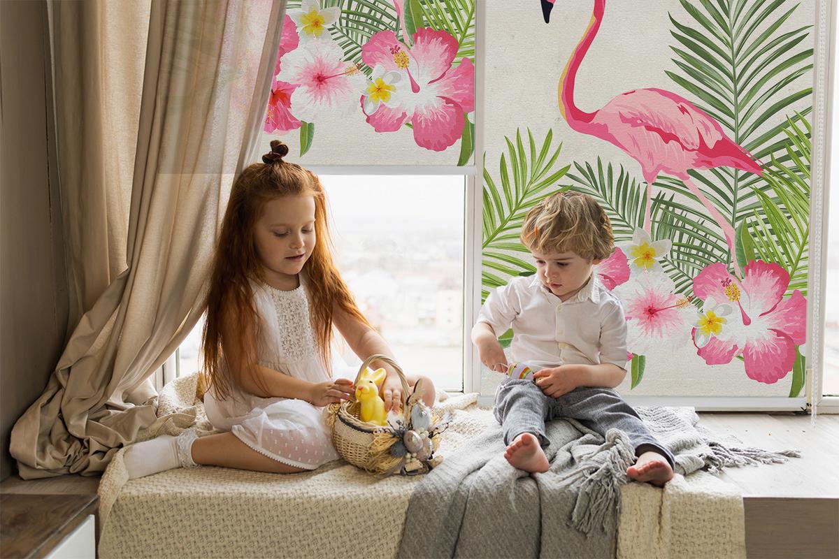 INNENROLLO - Fensterrollo - Rollo - 100x180 cm - Flamingos auf den Blättern - Pink, Kunststoff (100/180/0.5cm) - TULUP