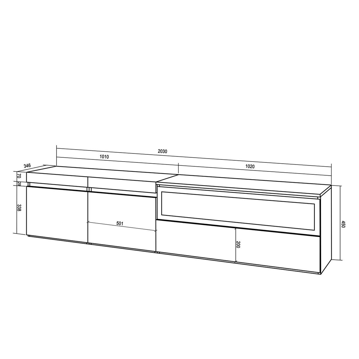 LOWBOARD, mit Elektrokamin, Weiß, Schwarz, 200/35/45cm - Schwarz/Weiß, Holzwerkstoff (200/45/35cm) - Skraut Home