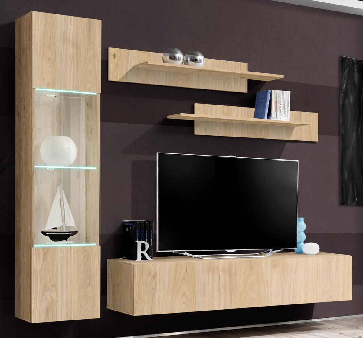 WOHNWAND Eiche Jackson 210 cm 4-teilig hängend, Schrwankwand mit LED-Beleuchtung - Eichefarben, Glas/Holzwerkstoff (210/170/40cm) - Inn.Furn