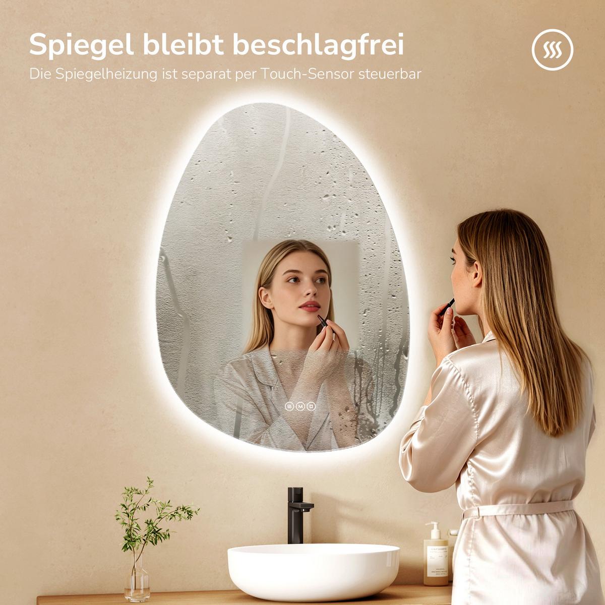 BADSPIEGEL asymmetrisch mit LED-Beleuchtung, Antibeschlag, 75/55 cm - Transparent, Glas (55/75/2.5cm) - EMKE