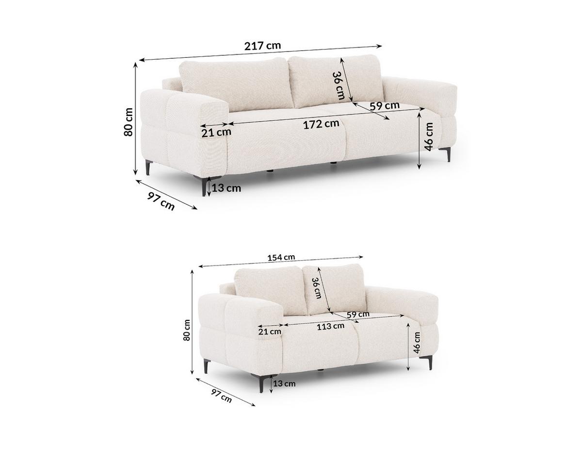 SITZGARNITUR 3+2 Cardea in Bubble-Optik aus weichem Creme Strukturstoff mit hohem Sitzkomfort - Creme/Schwarz, Holz/Textil (217/80/97cm) - S-Style Möbel