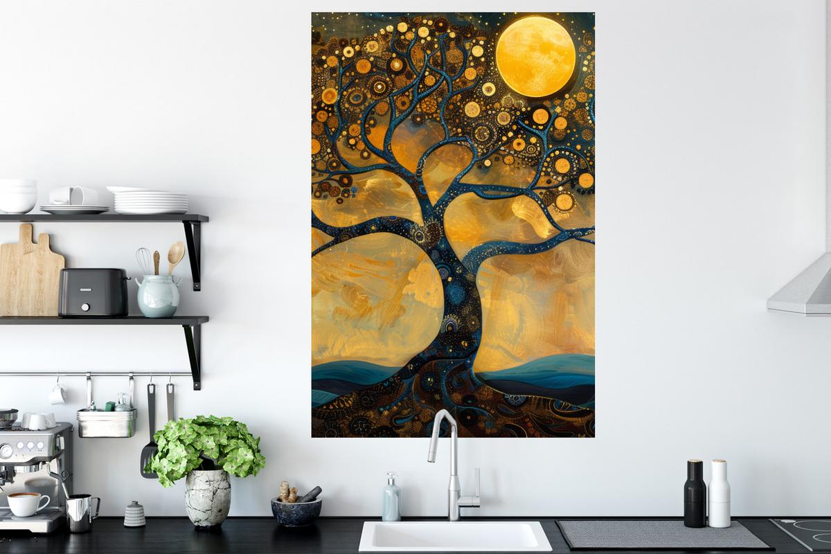 WANDTATTOO Baum - Mond - Blumen - Gold - Kunst Wandaufkleber 80x120 cm - Orange, Kunststoff (80/120/0.1cm) - MuchoWow