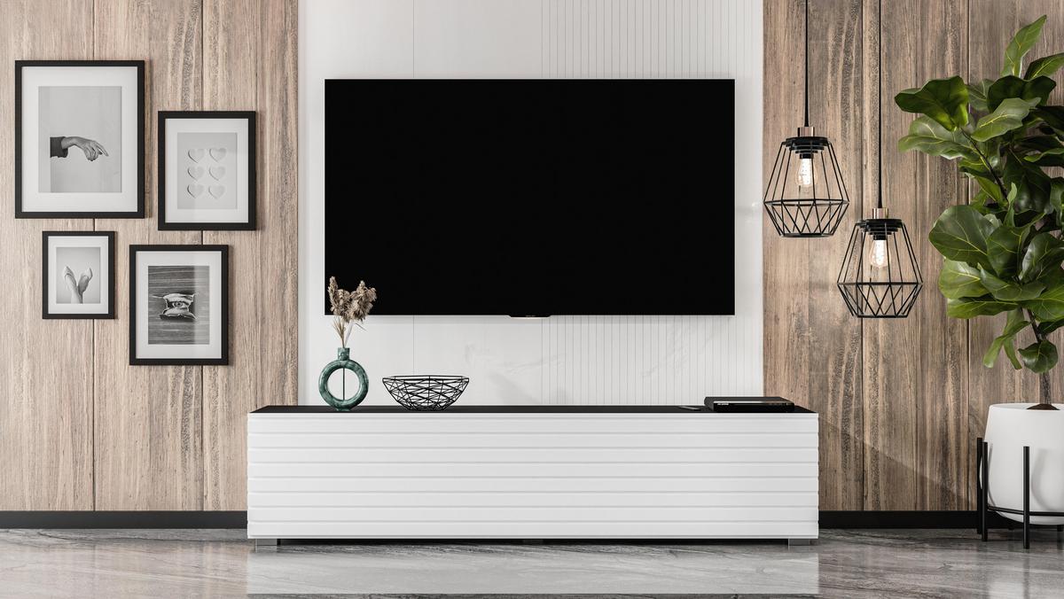 LOWBOARD ZIVOLLI 160 Schwarz, Weiße Lamellen 160/36,5/40 cm – Hängend und Stehend - Schwarz/Weiß, Holzwerkstoff/Kunststoff (160/36.5/40cm) - AX Living