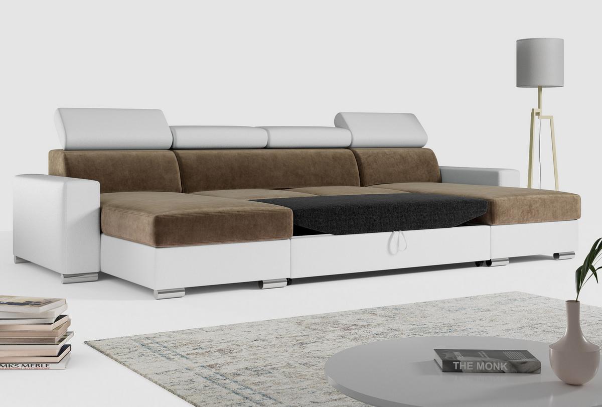 WOHNLANDSCHAFT FOX U Braun/Weiß - Velvet/Kunstleder - Silberfarben/Braun, Kunststoff/Textil (306/98/168cm) - MKS