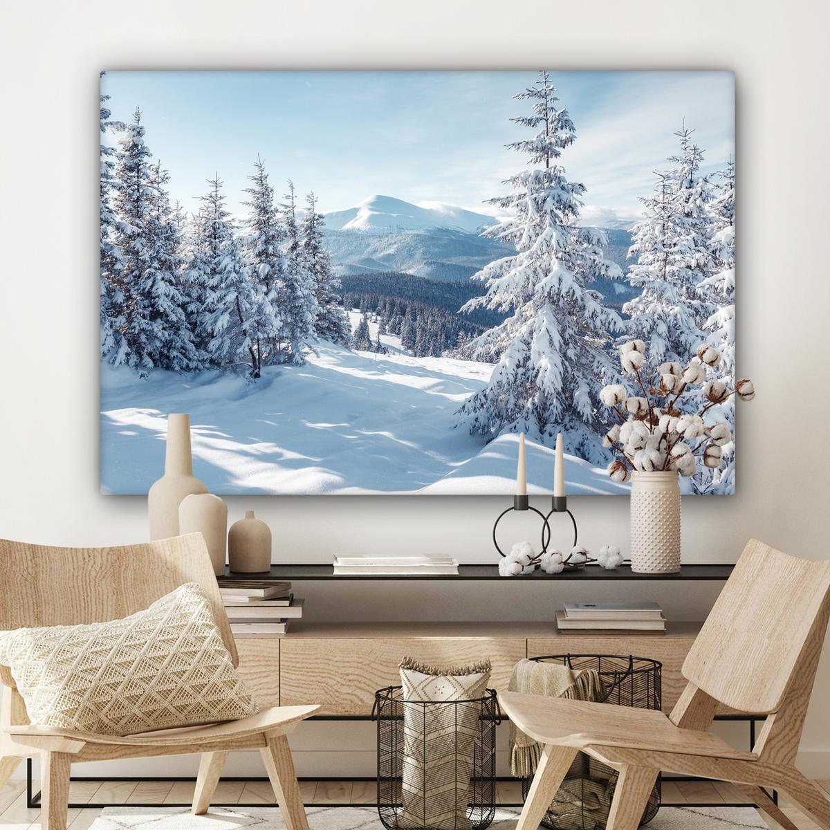 LEINWANDBILD Winterlandschaft - Natur - Berge - Bäume - Schnee Groß 140x90 cm - Hellblau, Textil (140/90cm) - MuchoWow
