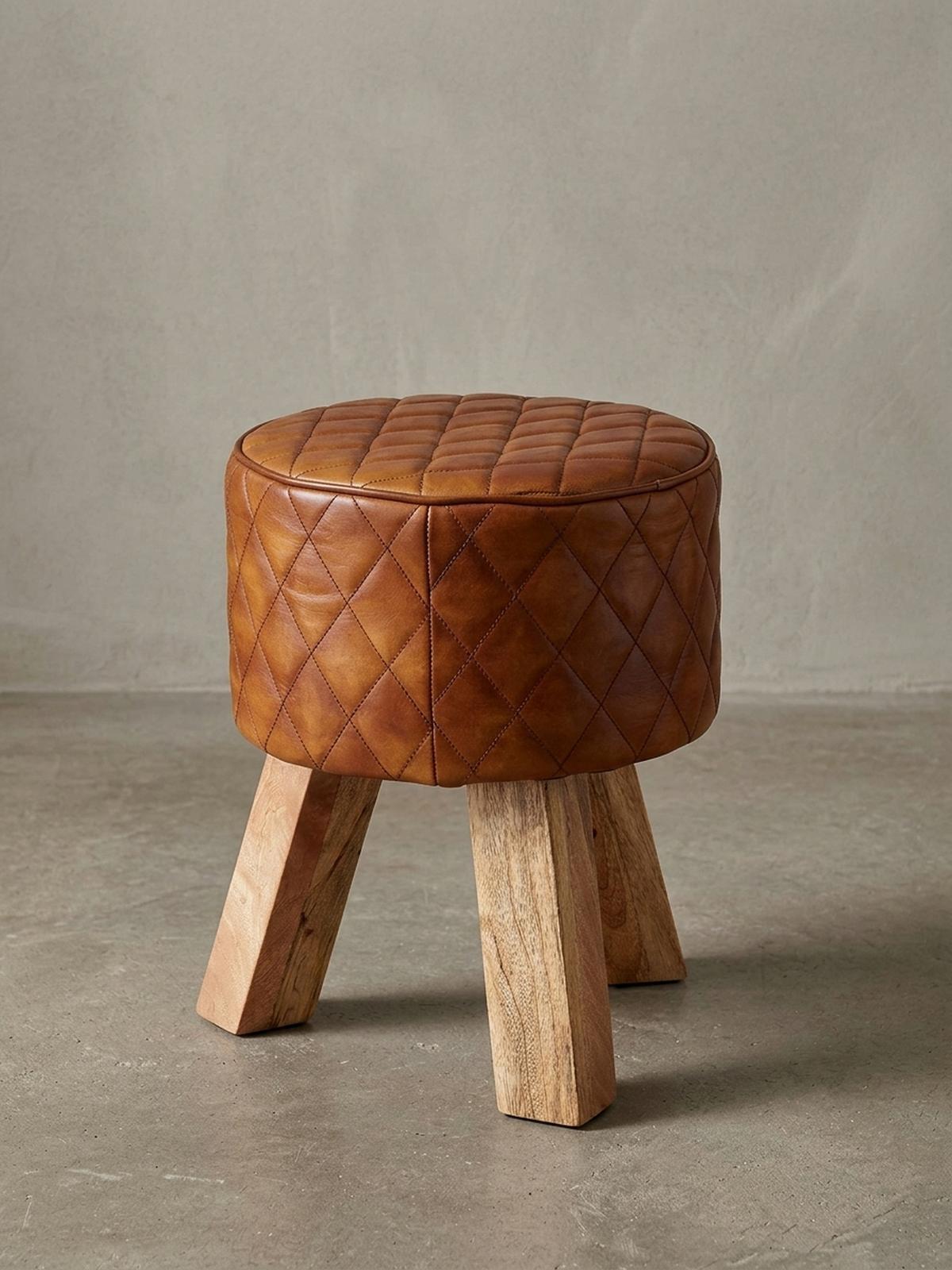 SITZHOCKER – Holz/Leder, 46 cm, Rautenmuster, Braun - Braun, Mangoholz/Leder (35/46/35cm) - KADIMA DESIGN