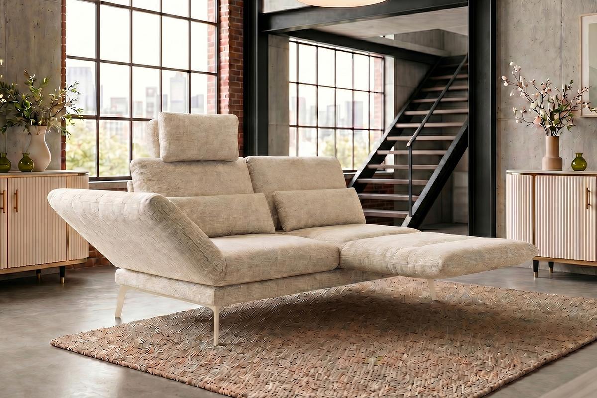 SOFA HOLLY Weiß Flachgewebe - Weiß/Braun, Textil/Metall (176/90/92cm) - KAWOLA