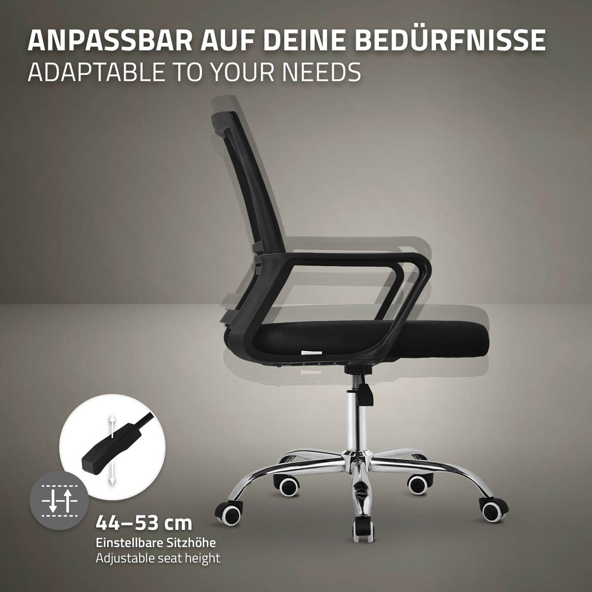 BÜROSTUHL ergonomisch Schwarz mit Netz-Rückenlehne und Stahlgestell - Chromfarben/Schwarz, Kunststoff/Textil (59/100/58cm) - ML-DESIGN