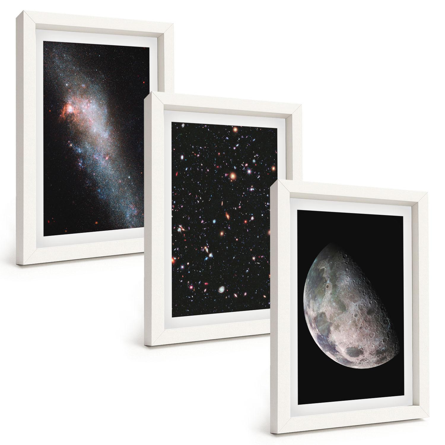 BILDER SET 3er Set - 20x30 cm Weißer Rahmen - Weltraum Galaxien Sterne Mond - Weiß, Kunststoff (20/30cm) - TULUP