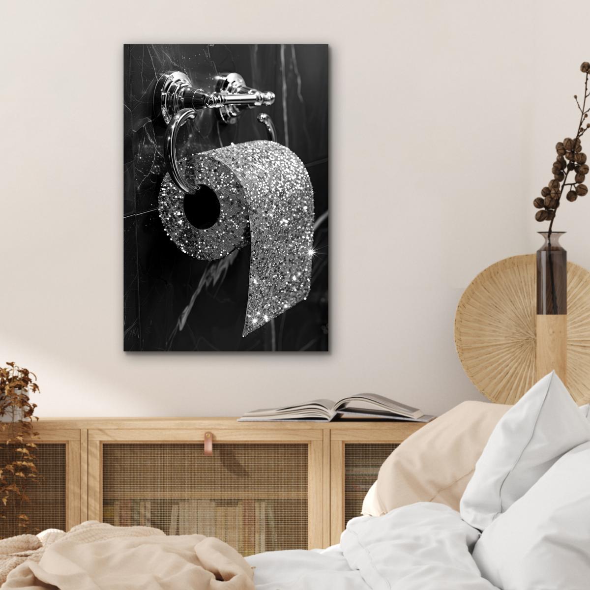 METALLBILD WC - Toilettenpapier - Schwarz und weiß - Glitter Deko Schlafzimmer 40x60 cm - Silberfarben, Metall (40/60cm) - MuchoWow