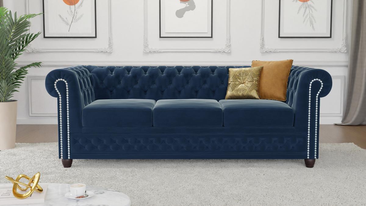 CHESTERFIELD-SOFA 3-Sitzer mit Schlaffunktion Nyx Marineblau Samt - Dunkelblau/Braun, Holz/Textil (203/28/86cm) - S-Style Möbel