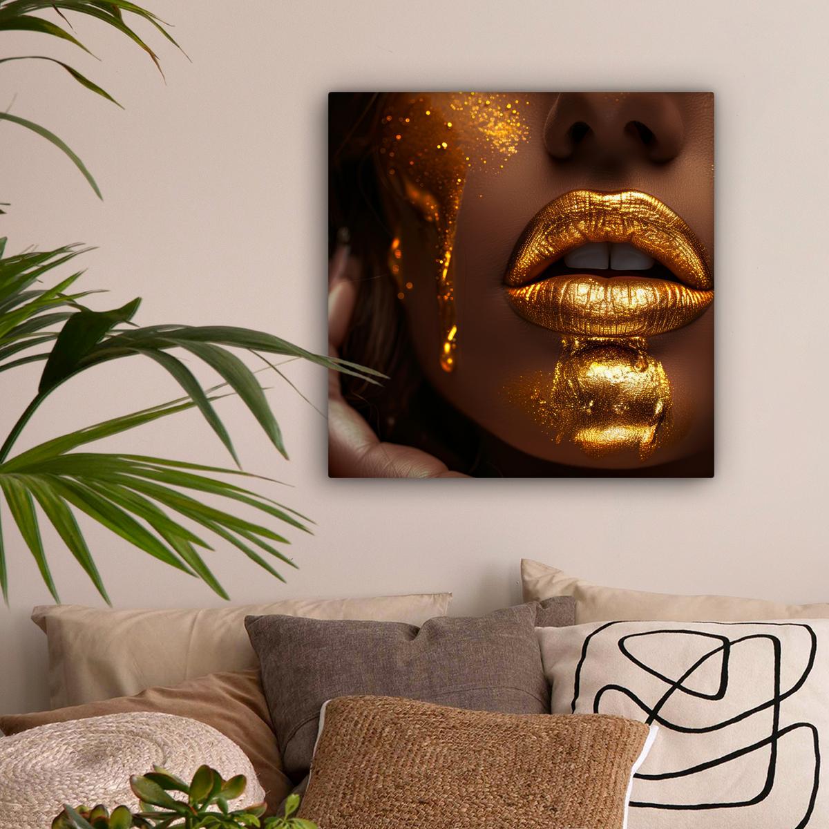 LEINWANDBILD Frau - Gold - Luxus - Porträt Wandbild Wohnzimmer 50x50 cm - Goldfarben, Textil (50/50cm) - MuchoWow