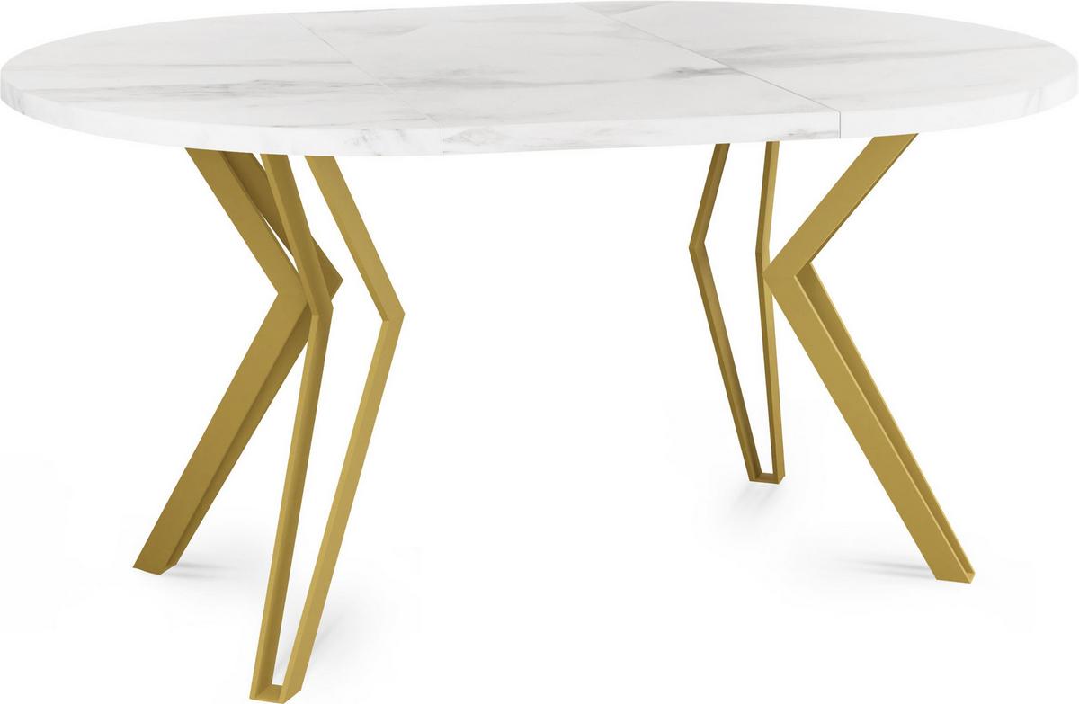 ESSTISCH Daisy runder ausziehbarer, Marmor Weiß 120-200/100/76 cm - Ecru/Goldfarben, Holzwerkstoff/Metall (120/200/76cm) - WFL GROUP