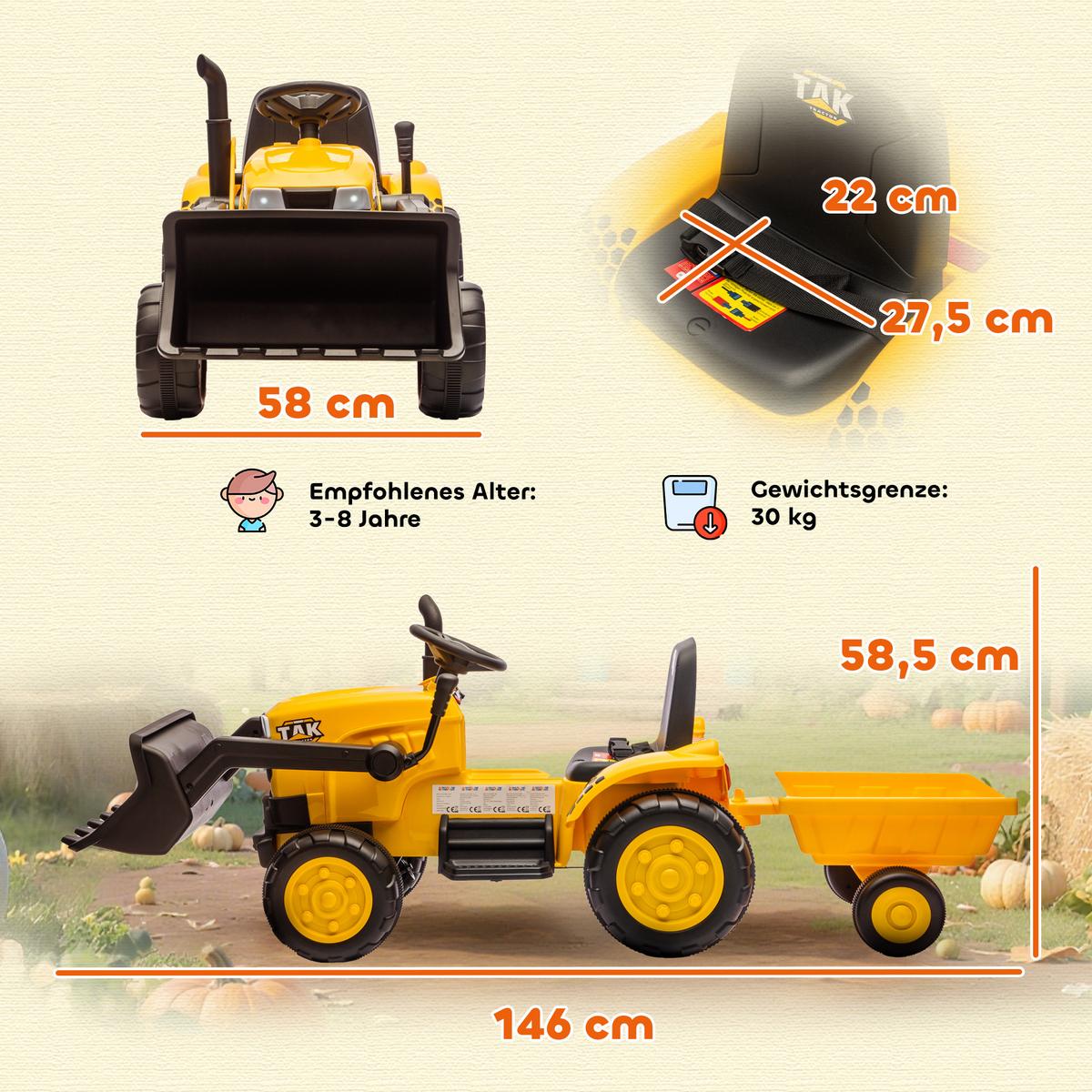 KINDER-ELEKTRO-BAGGER mit Anhänger 12V mit Fernbedienung - Gelb, Kunststoff (158/58/58.5cm) - AIYAPLAY