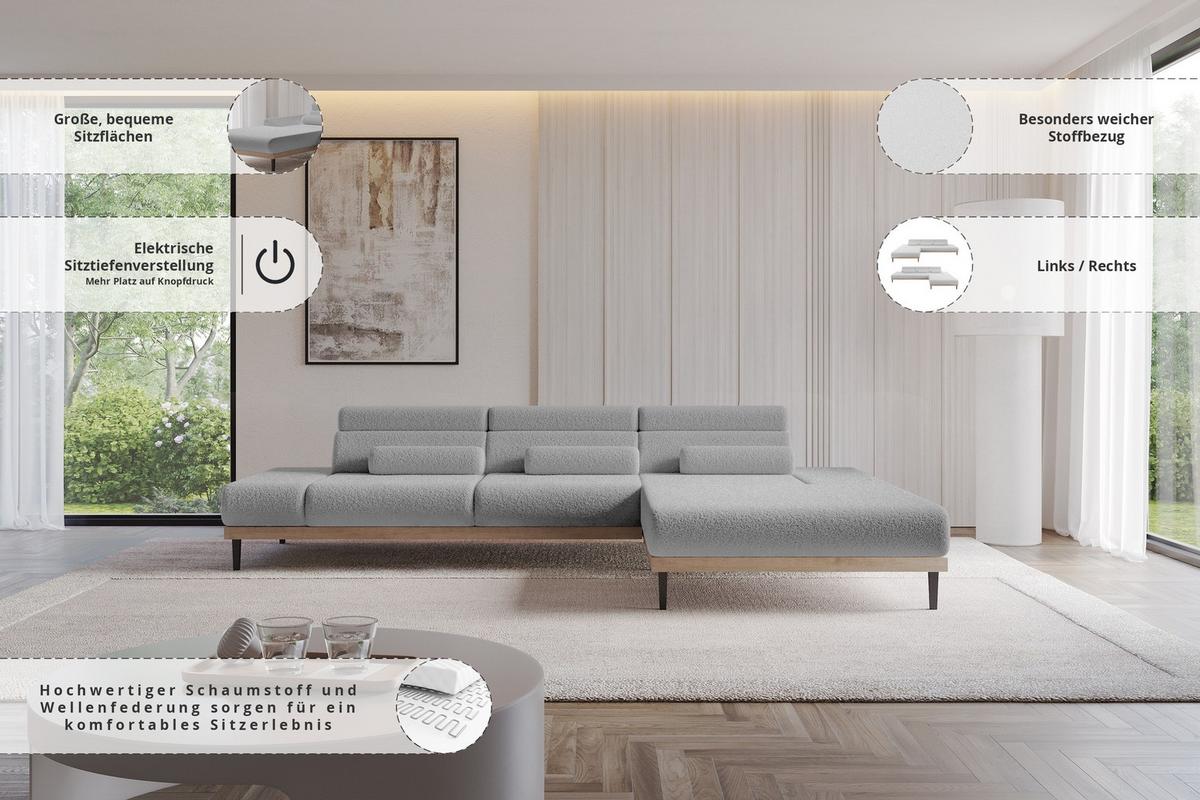 ELEKTRISCHES ECKSOFA Rechts MONA 316x205x85 Hellgrau Bouclé - Blaugrau/Hellgrau, Holzwerkstoff/Textil (316/205cm) - ALTDECOR