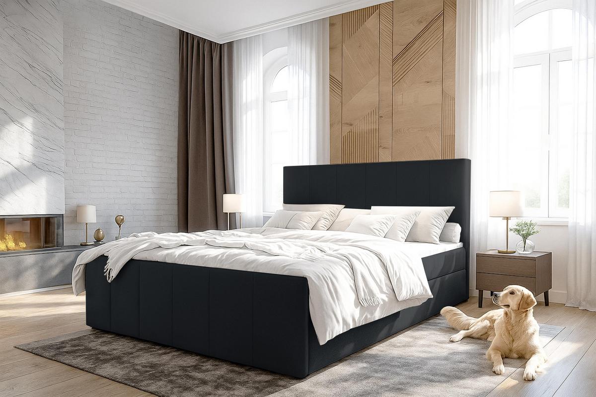 BOXBETT LEVENTE 160x200 cm mit Bettkasten und Matratze - Schwarz + TOPPER - Schwarz, Holz/Holzwerkstoff (160/200cm) - AX Living