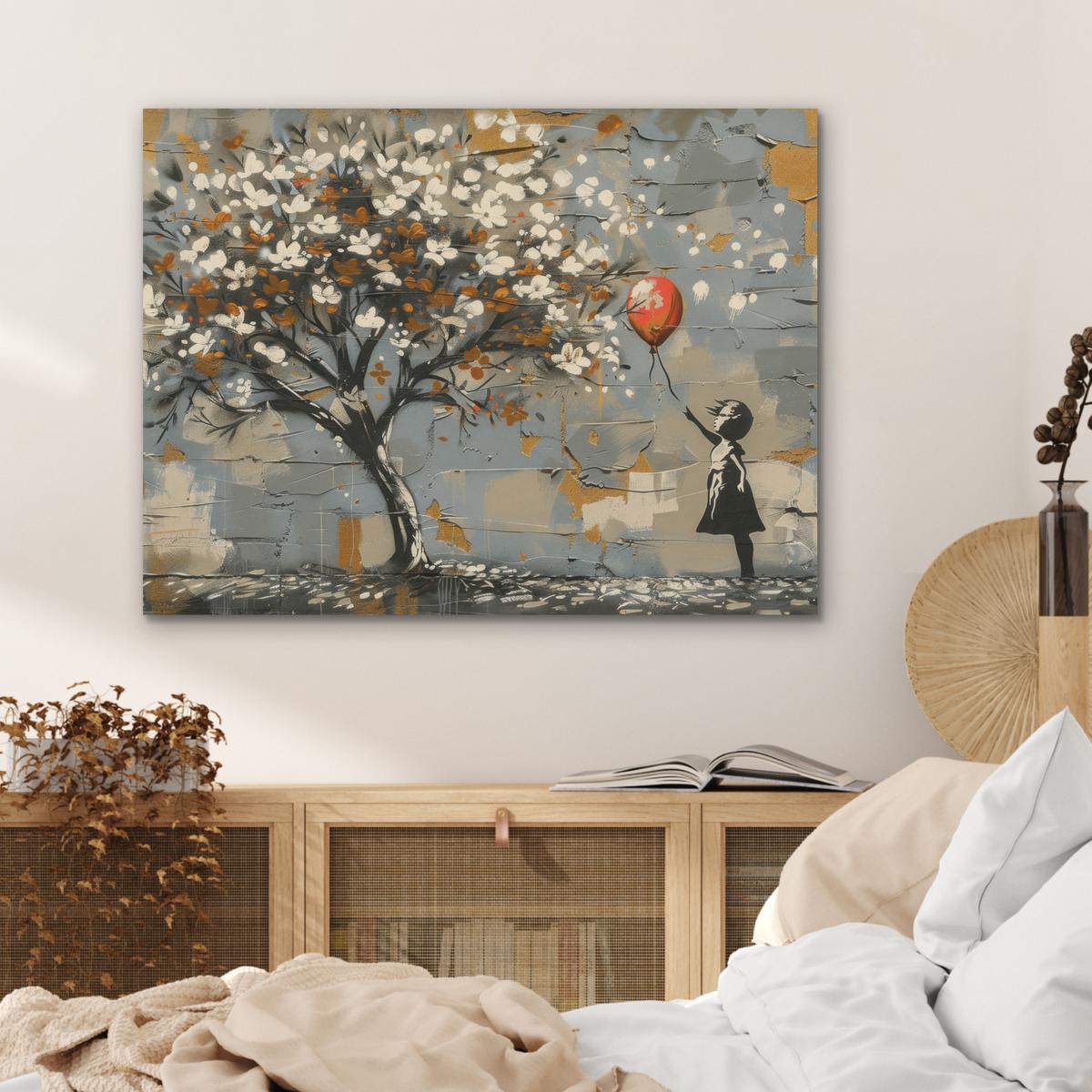 AKUSTIKBILD Baum - Graffiti - Banksy-Stil - Ballon-Mädchen Gemälde 80x60 cm - Blaugrau, Kunststoff (80/60/0.9cm) - MuchoWow