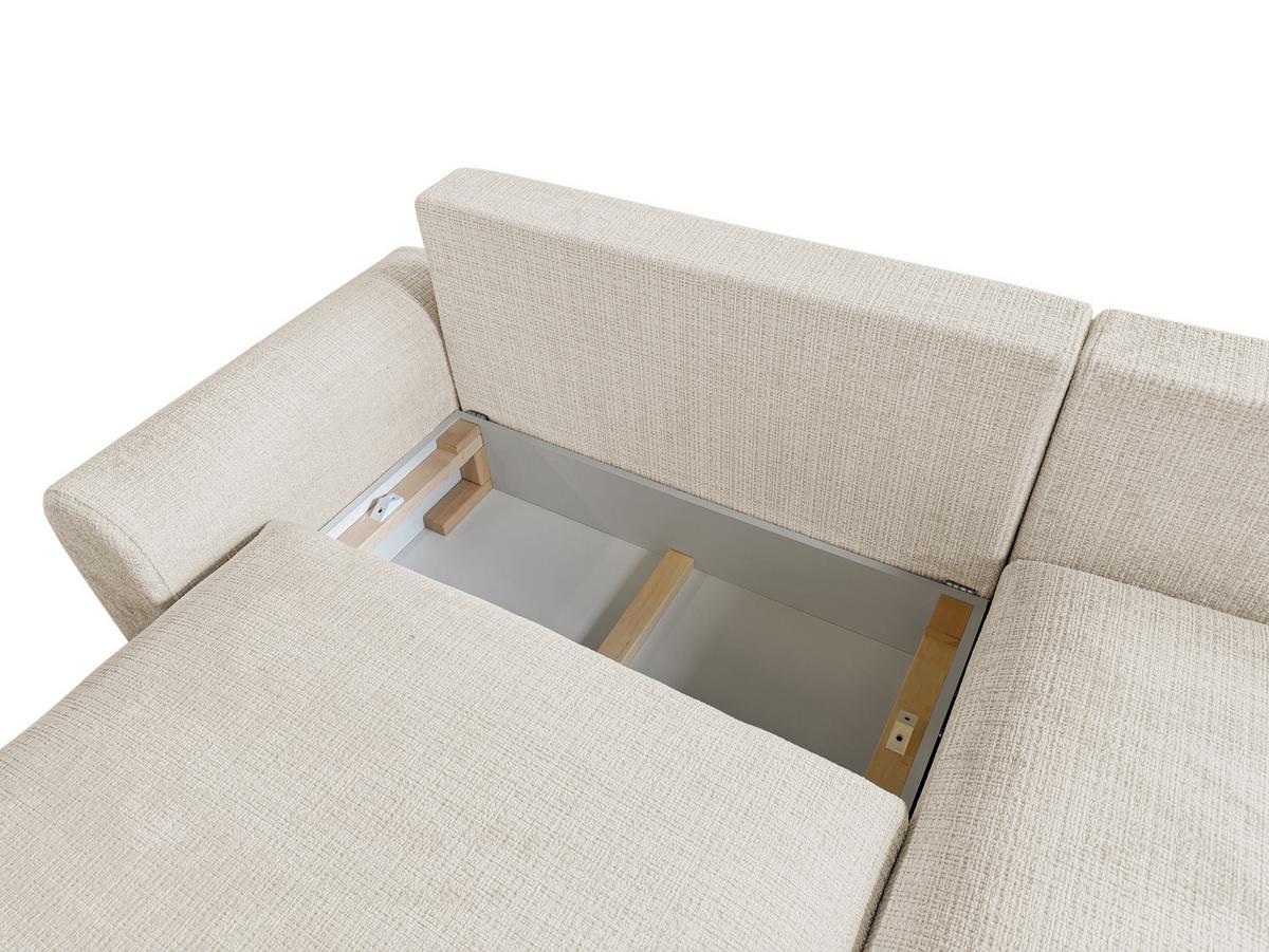 ECKSOFA Melvano mit Schlaffunktion und Bettkasten im Japandi-Stil aus weichem Beige Chenille-Stoff - Creme/Schwarz, Holz/Kunststoff (240/145cm) - S-Style