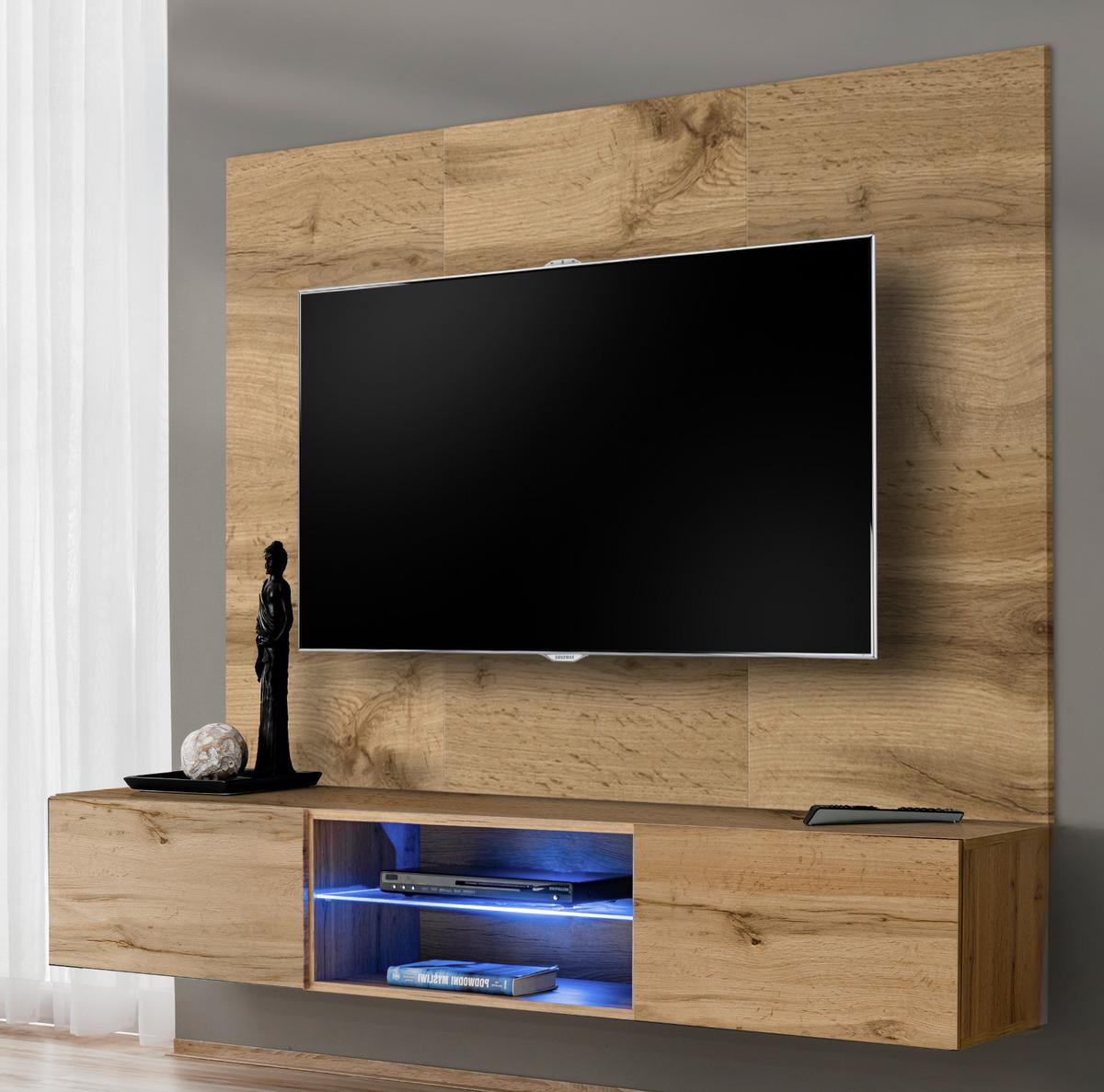 TV-LOWBOARD Eiche Wotan 180 cm hängend, Set inklusive LED-Beleuchtung und Akustikpaneel - Eiche Wotan, Glas/Holzwerkstoff (180/148/40cm) - Inn.Furn
