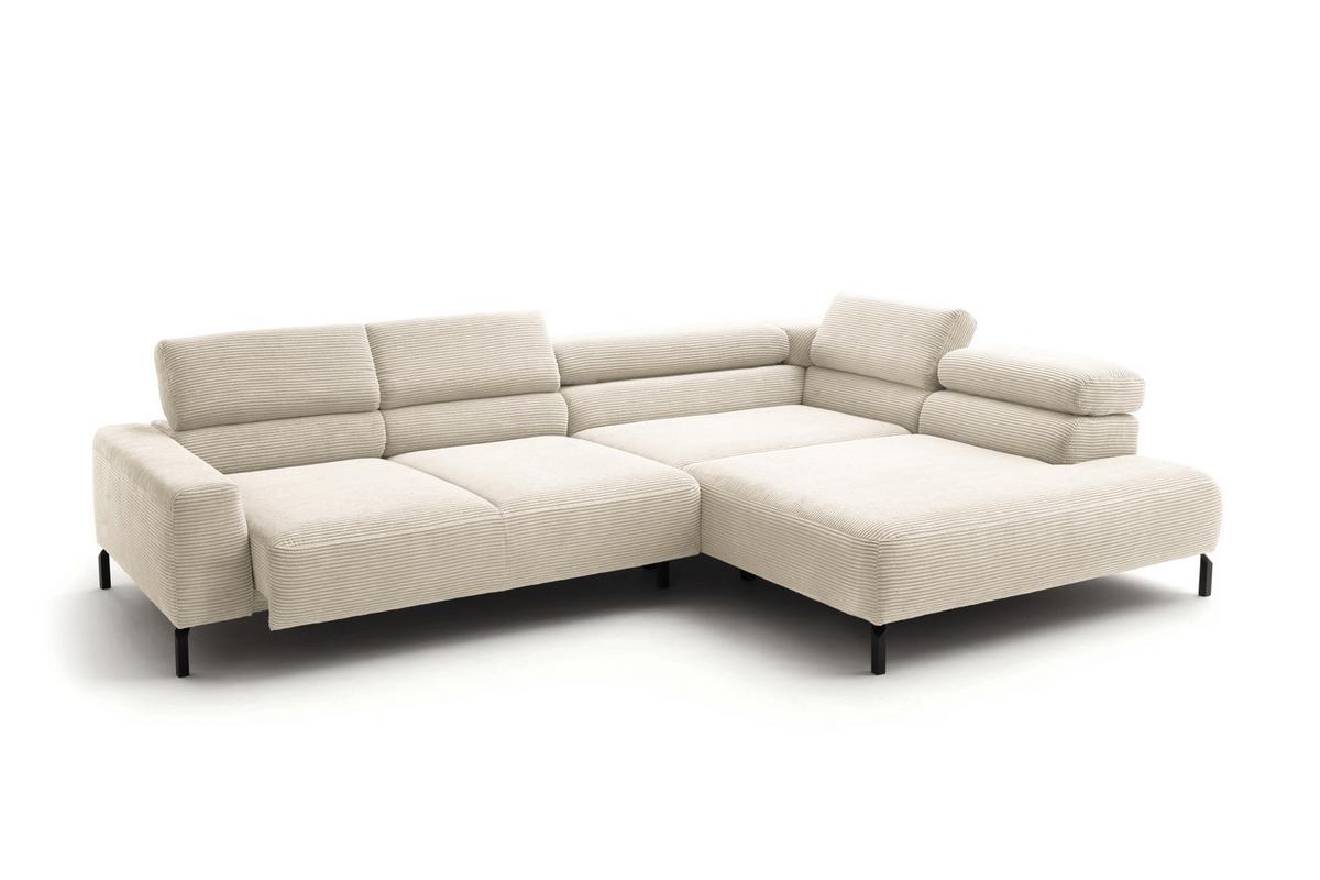 ECKSOFA MIT MOTORISCHEM SITZVORZUG DELIA Cremeweiß Cord Relaxfunktion - Creme/Schwarz, Textil/Metall (312/219cm) - KAWOLA