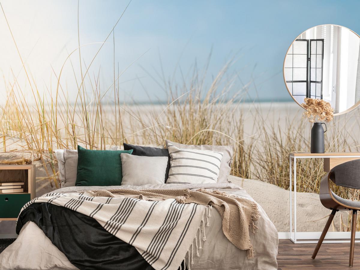 FOTOTAPETE für Schlafzimmer Dünen Sandstrand Gras Meerblick 100x70 - Blau/Gelb, Papier (100/70cm) - Muralo